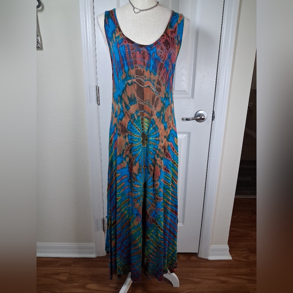 Patan Designs Womens Tie Dye Tank Style Maxi Dress Size S/M Asymetrical Hem